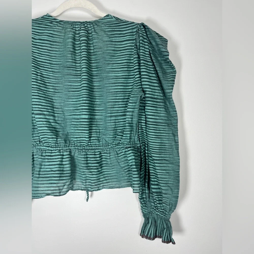 Ulla Johnson Ophelia Cotton Voile Peplum Blouse Teal/ Green Stripe sz 6